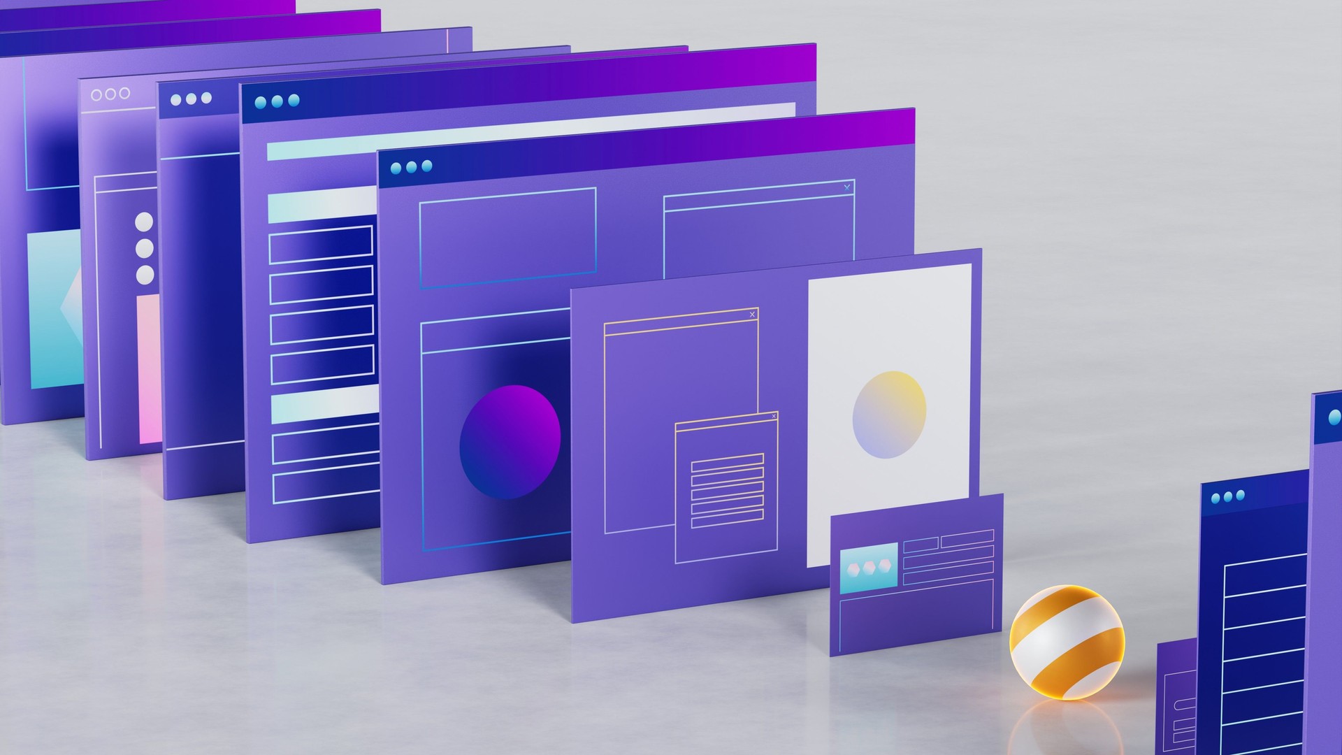 Stylized web pages and interfaces. Business and technology theme 3d illustration