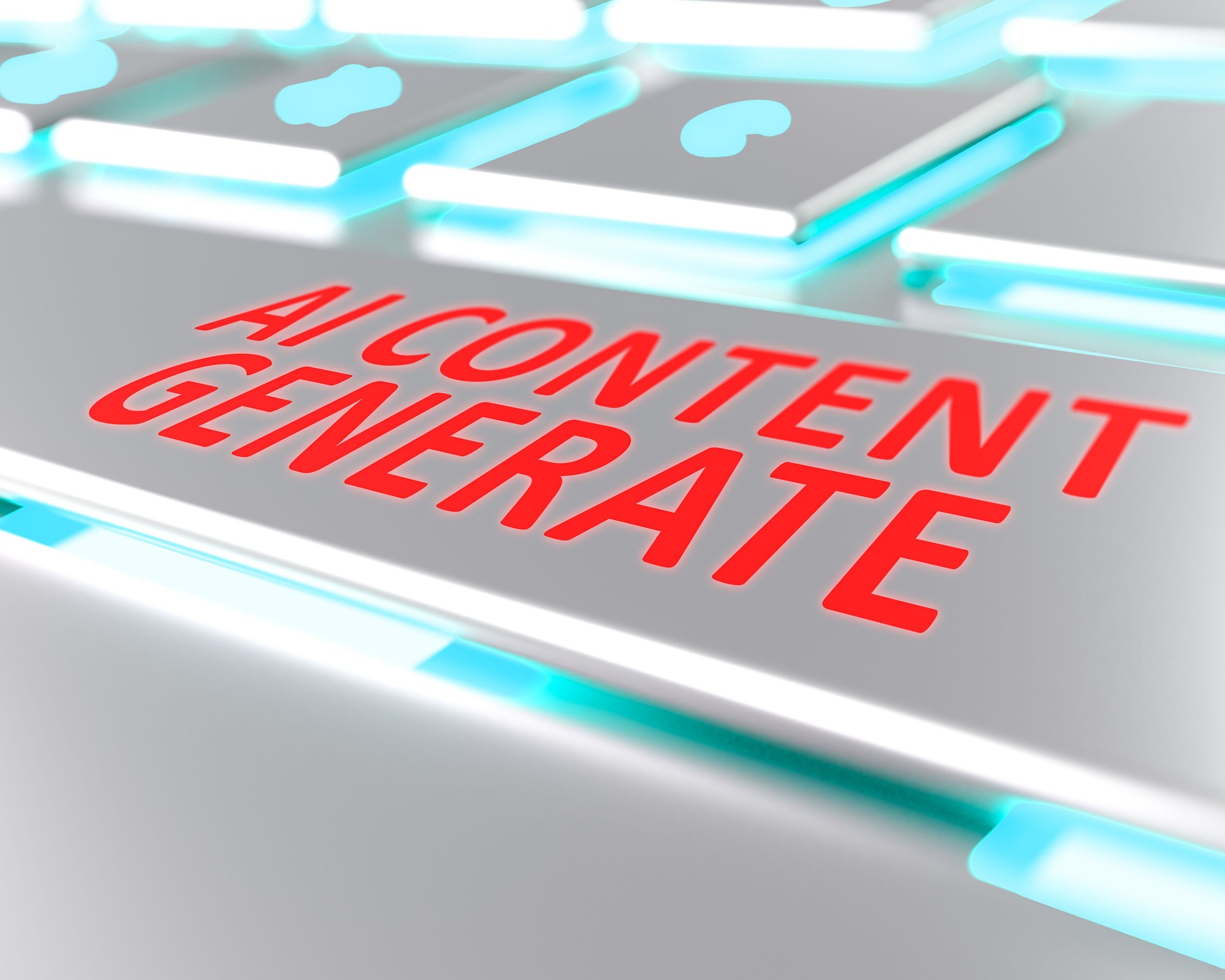 Close-up of a keyboard with a AI CONTENT GENERATE button. Background on the topic of working with artificial intelligence and creating content.