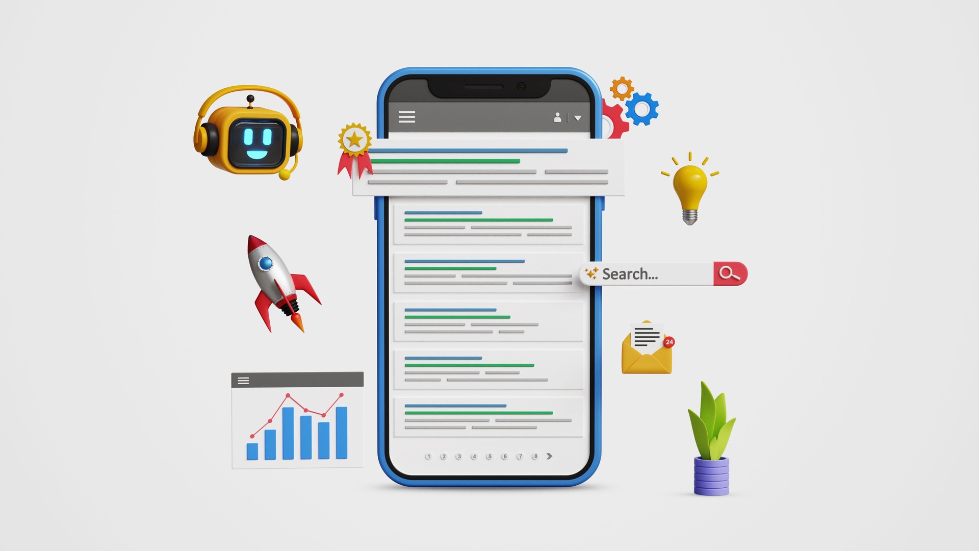 Search engine optimization, AI-powered SEO strategies, promote website, organic traffic with automation tools. Top search rankings with smart AI bots and strategic digital marketing on 3D mobile